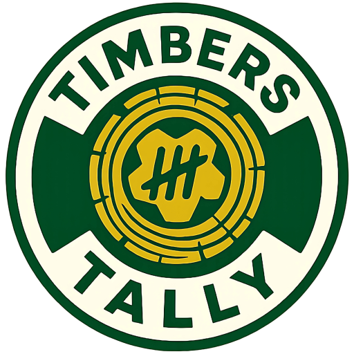 Timbers Tally logo featuring a circular green and white badge with bold text reading "Timbers Tally" around the border. The center includes a stylized yellow tree ring and tally mark symbol, referencing Portland Timbers soccer and match tracking